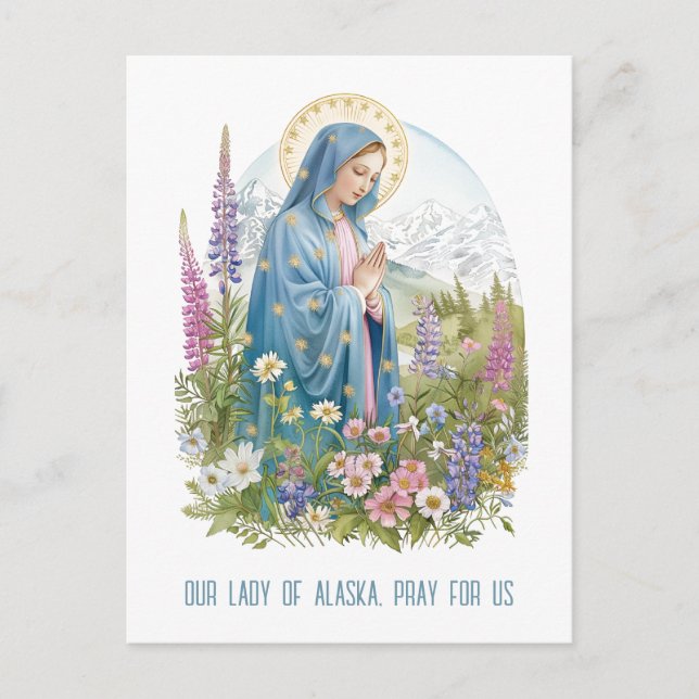 Our Lady of Alaska Mountains Fireweed Religious  Postcard (Front)