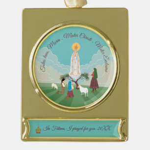 Our Lady of Fatima and the three shepherds Gold Plated Banner Ornament