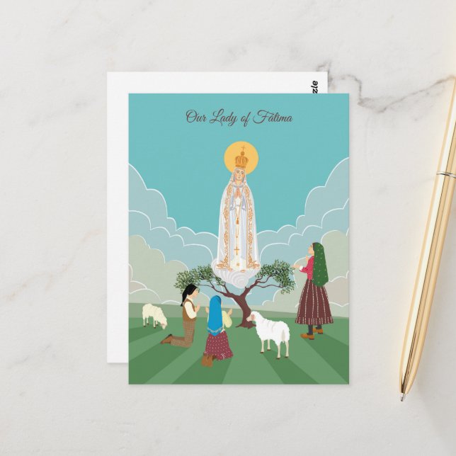 Our Lady of Fatima and the three shepherds prayer Postcard (Front/Back In Situ)
