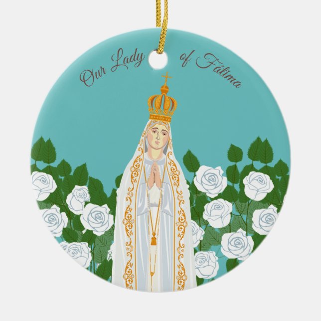 Our Lady of Fatima and white roses Ceramic Tree Decoration (Front)