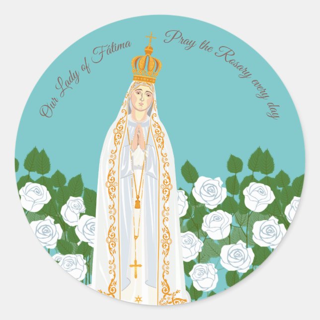 Our Lady of Fatima and white roses Classic Round Sticker (Front)
