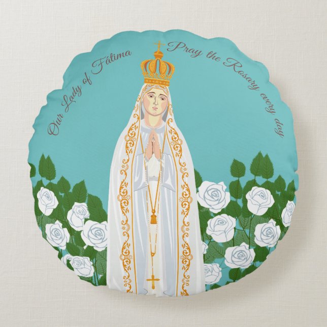 Our Lady of Fatima and white roses Round Cushion (Front)