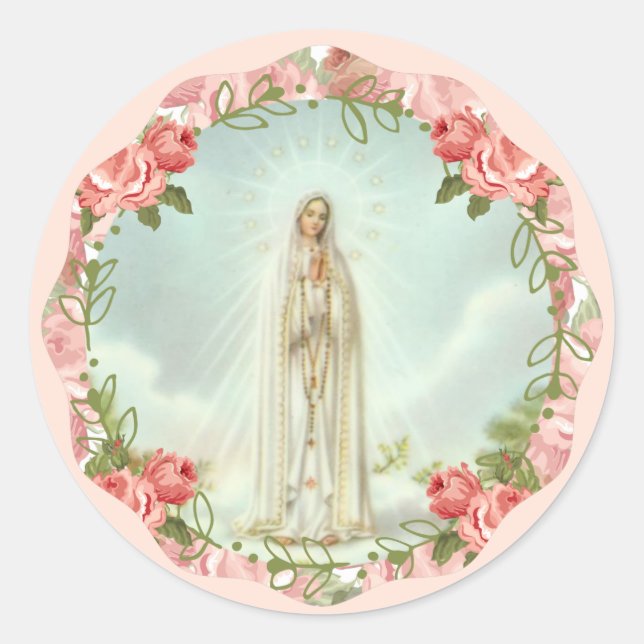 Our Lady of Fatima Pink Roses Classic Round Sticker (Front)