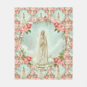 Our Lady of Fatima Pink Roses Fleece Blanket