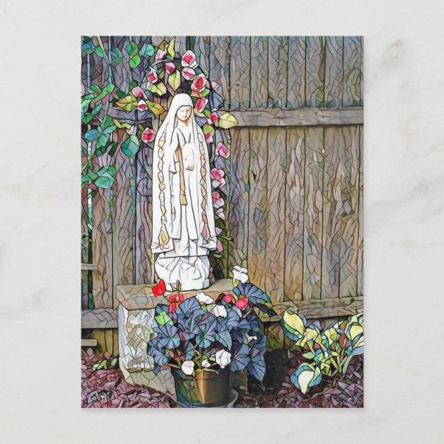 Our Lady of Fatima w flowers by fence Postcard (Front)