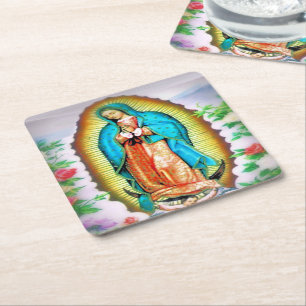Our Lady of Guadalupe Floral Square Paper Coaster