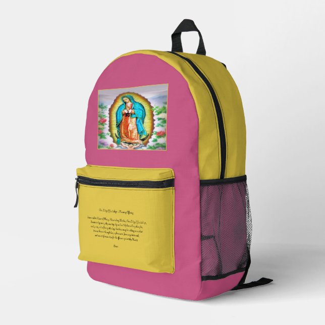 Our Lady of Guadalupe Floral with Prayer Printed Backpack (Back Corner Right)