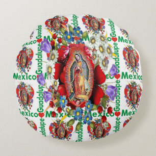 Our Lady of Guadalupe Mexican Aztec Virgin Mary Round Cushion