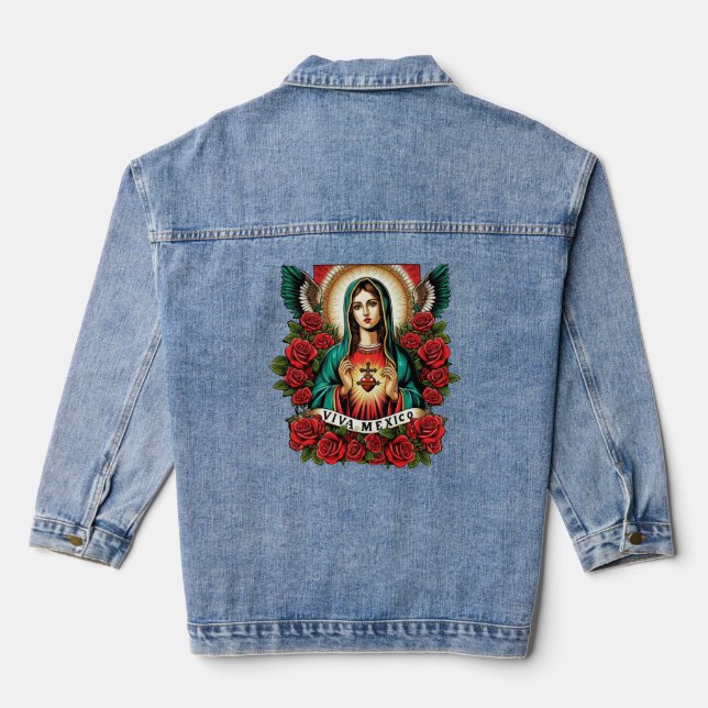 Our Lady of Guadalupe Mother Mary Viva Mexico art Denim Jacket (Back)