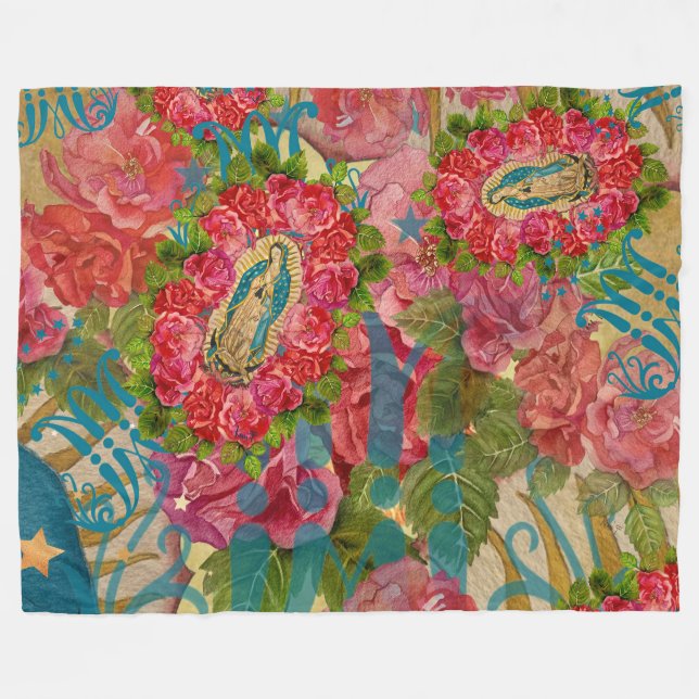 Our Lady of Guadalupe & Roses Fleece Blanket (Front (Horizontal))