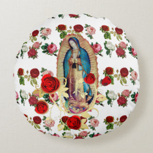 Our Lady of Guadalupe Roses Virgin Mary Saint  Round Cushion
