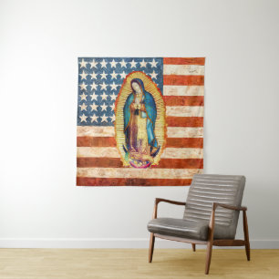 Our Lady of Guadalupe & USA United States Flag Tapestry