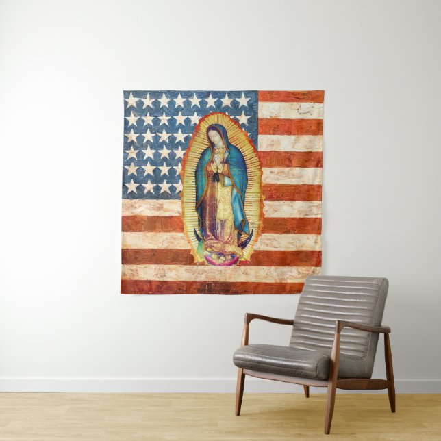 Our Lady of Guadalupe & USA United States Flag Tapestry (In Situ)