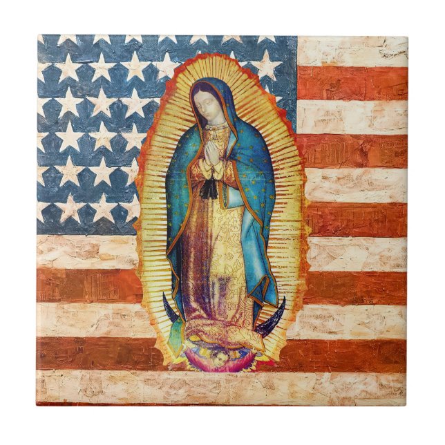 Our Lady of Guadalupe Virgin Mary USA Flag  Tile (Front)