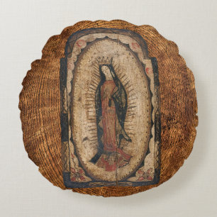 Our Lady of Guadalupe Virgin Mary Wood Look Round Cushion