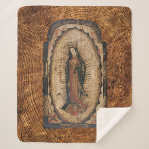 Our Lady of Guadalupe Virgin Mary Wood Look  Sherpa Blanket
