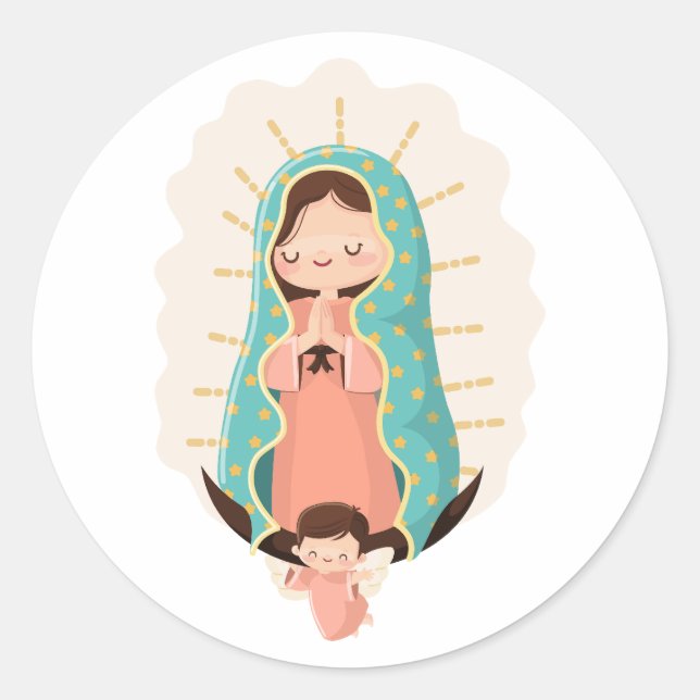 Our Lady of Guadalupe with angel Kawaii Style Classic Round Sticker (Front)