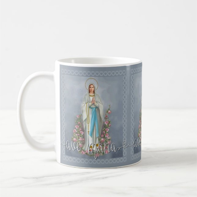 Our Lady of Lourdes Ave Maria Virgin Mary  Script Coffee Mug (Left)