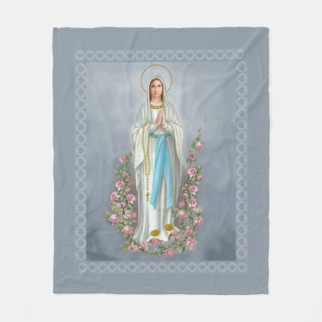 Our Lady of Lourdes Rosary Virgin Mary Roses Fleece Blanket (Front)