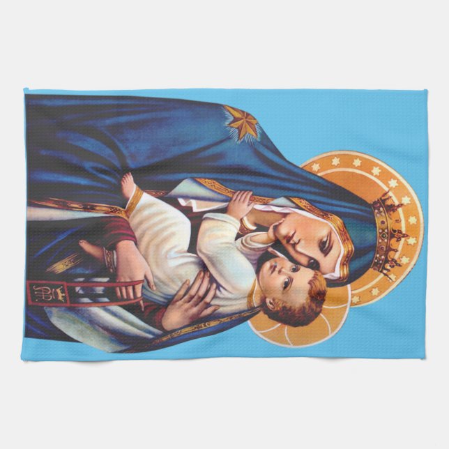 Our Lady of Mount Carmel Devotional Art Tea Towel (Horizontal)