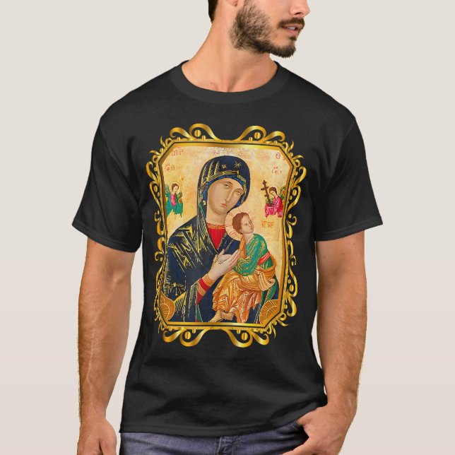 Our Lady Of Perpetual Help Blessed Mother Mary Cat T-Shirt (Front)