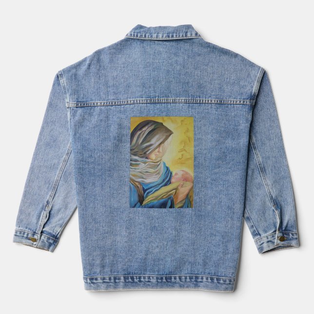 Our Lady of Silence holding baby Jesus Denim Jacket (Back)