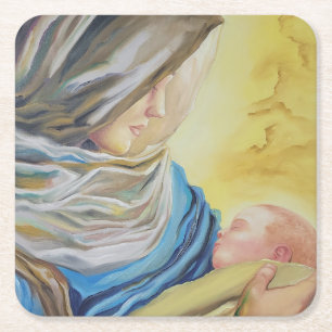 Our Lady of Silence holding baby Jesus Square Paper Coaster