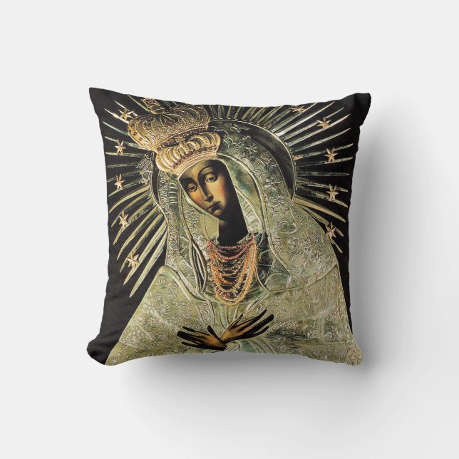 Our Lady of the Gate of Dawn Black and Gold Cushion (Front)