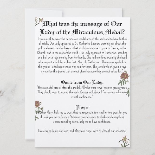 Our Lady of the Miraculous Medal Prayer card (Back)