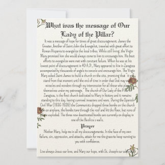 Our Lady of the Pillar Prayer Card