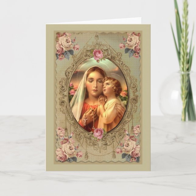 Our Lady of the Rosary w/Baby Jesus roses Card (Front)
