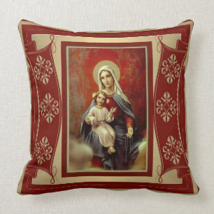 Our Lady of the Rosary w/Jesus Burgundy Red Gold Cushion