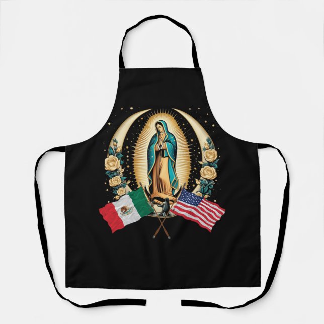 Our Lady Virgen De Guadalupe Mexican American Flag Apron (Front)