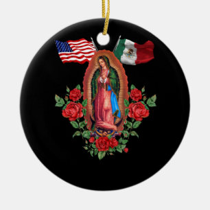 Our Lady Virgen De Guadalupe Mexican American Flag Ceramic Tree Decoration