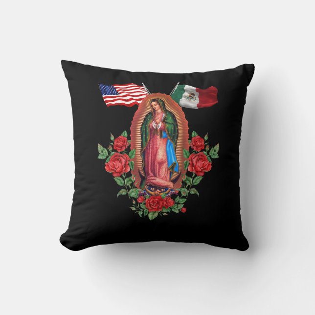 Our Lady Virgen De Guadalupe Mexican American Flag Cushion (Front)