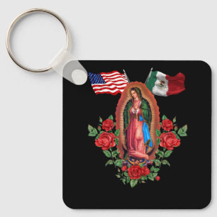 Our Lady Virgen De Guadalupe Mexican American Flag Key Ring