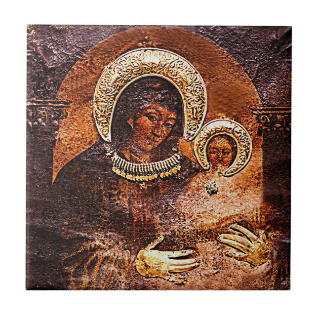 Our Lady Virgin Mary and Jesus Painted by St Luke  Tile (Front)