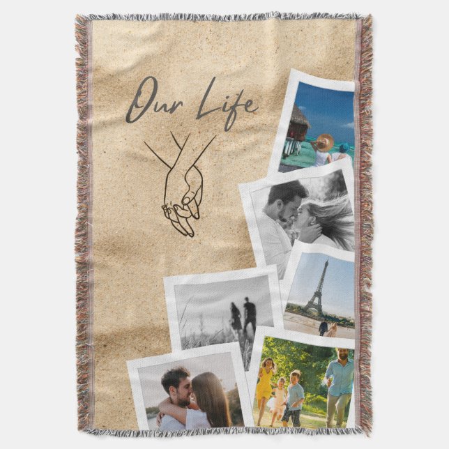 Our Life Custom Couple Photo Cascade with Line Art Throw Blanket (Front Vertical)