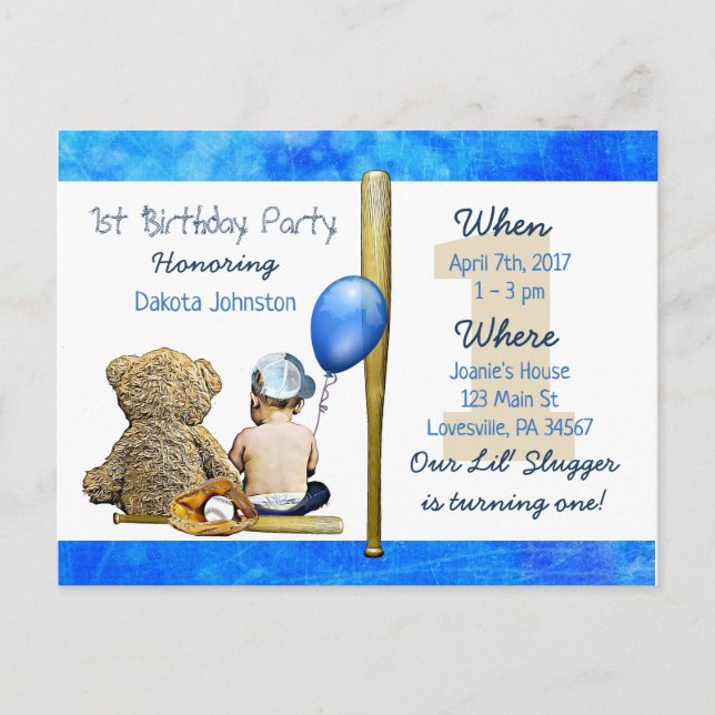 Our Lil Slugger Boy and Teddy Bear 1st Birthday Invitation Postcard (Front)
