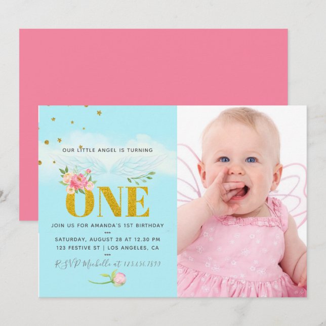 Our Little Angel 1st Birthday Baby Girl Party Invitation (Front/Back)