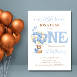 Our Little Bear Hot Air Balloon 1st Birthday Invitation<br><div class="desc">These cute birthday party invitations feature a cute watercolor teddy bear in hot air balloon with blue hearts. Personalise the birthday party invites by adding your child's name,  age,  and party details.</div>