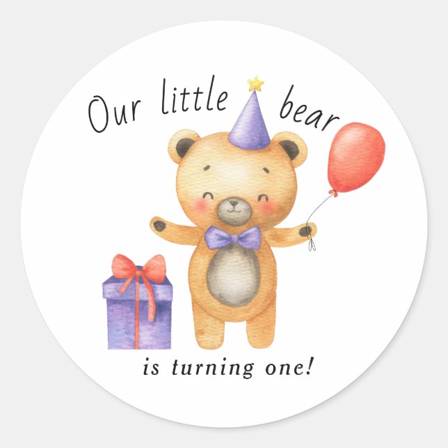 Our Little Bear is turning one Kids Birthday Classic Round Sticker (Front)