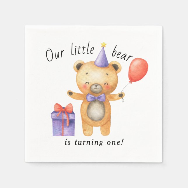 Our Little Bear is turning one Kids Birthday Napkin (Front)