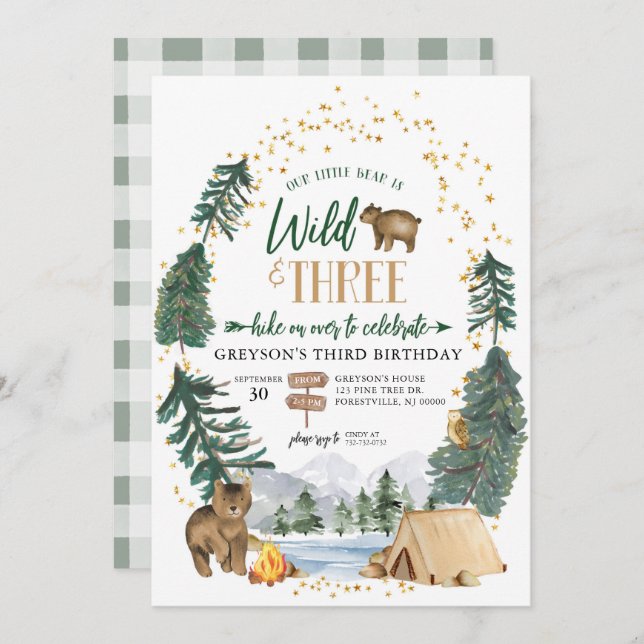 Our Little Bear is Wild and 3 Birthday Invitation (Front/Back)