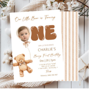 Our Little Bear Neutral with Photo 1st Birthday Invitation
