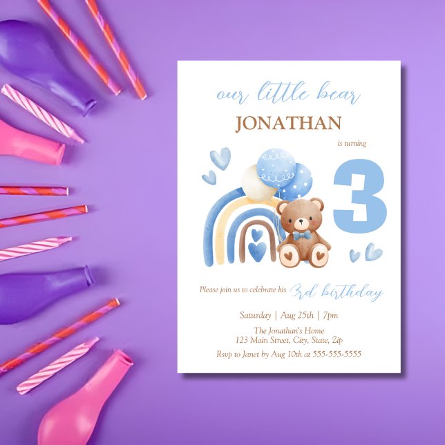 Our Little Bear Rainbow Balloon 3rd Birthday Invitation (Creator Uploaded)