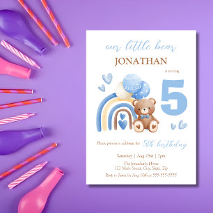 Our Little Bear Rainbow Balloon 5th Birthday Invitation