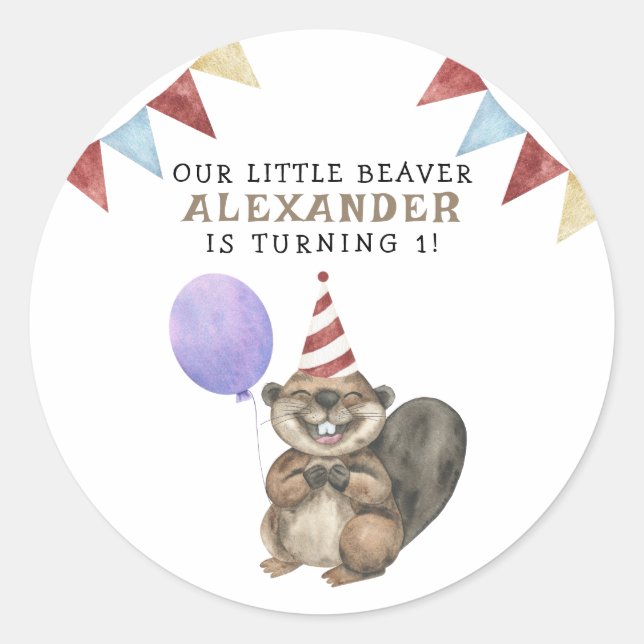 Our Little Beaver 1st Birthday Party Classic Round Sticker (Front)