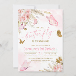 Our Little Boho Pink Butterfly Birthday Invitation