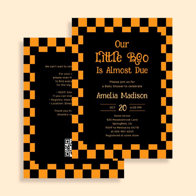 Our Little Boo Checkered Orange Baby Shower Invitation (Creator Uploaded)
